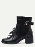 Shein Black Faux Leather Lace Up Buckle Strap Chunky Heel Short Boots