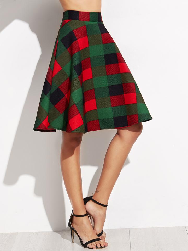 Shein Green Plaid Flare Skirt With Zipper