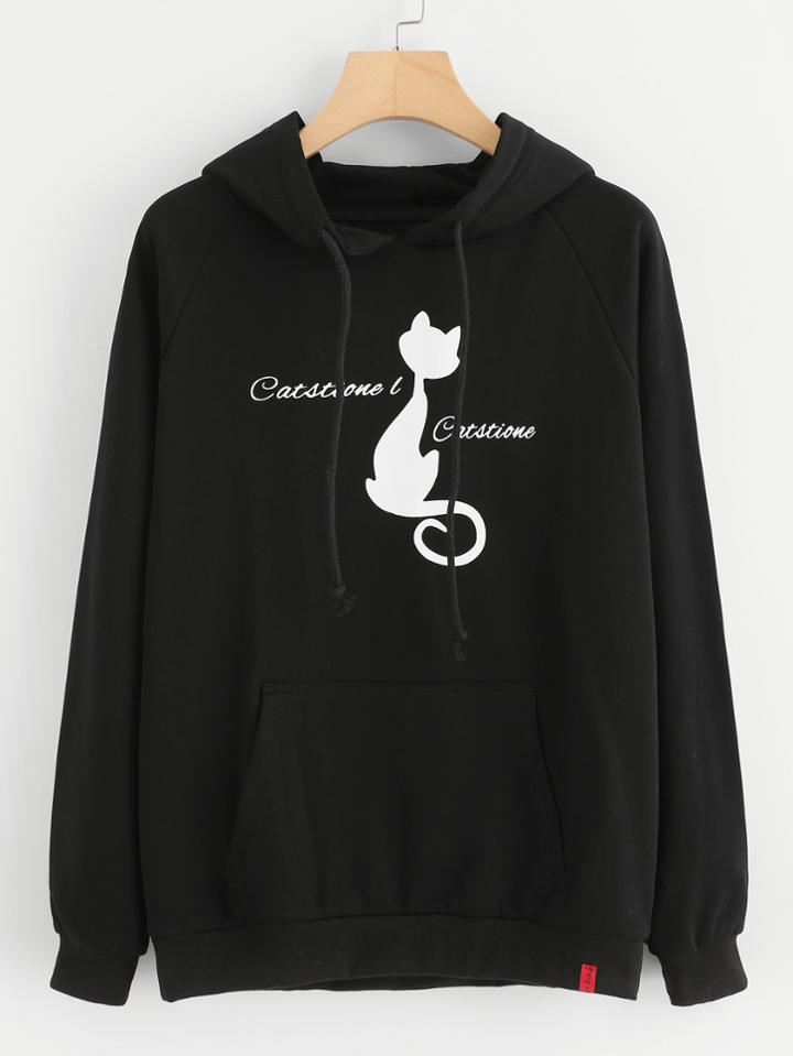 Shein Letter & Cat Print Raglan Sleeve Hoodie