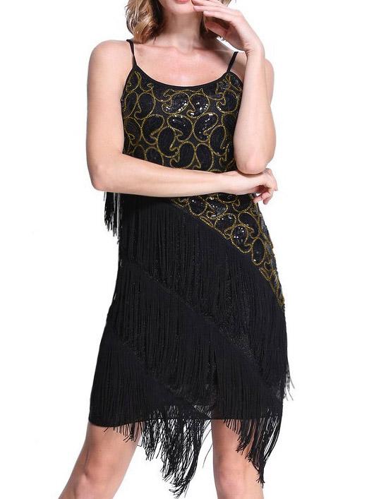 Shein Black Spaghetti Strap Sequined Tassel Dress