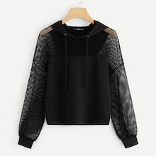 Shein Contrast Mesh Drawstring Hoodie