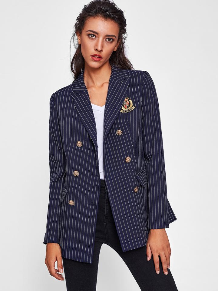Shein Patch Detail Golden Button Pinstripe Blazer