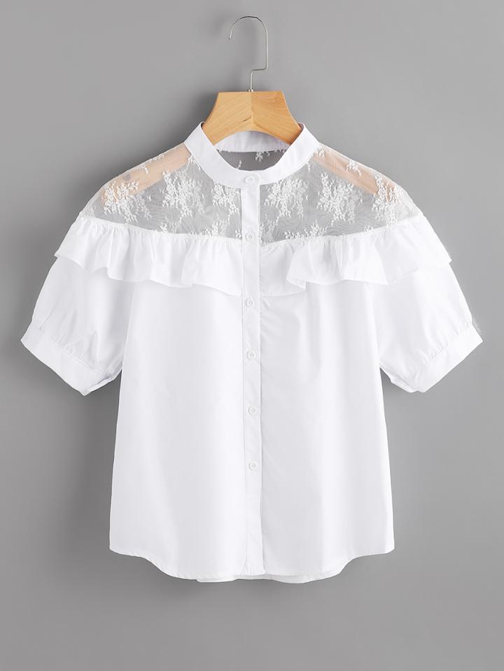 Shein Mesh Panel Frill Trim Blouse