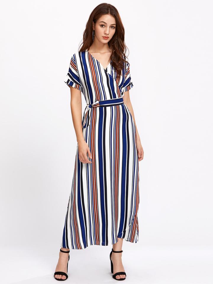Shein Multi-stripe V Neckline Wrap Dress