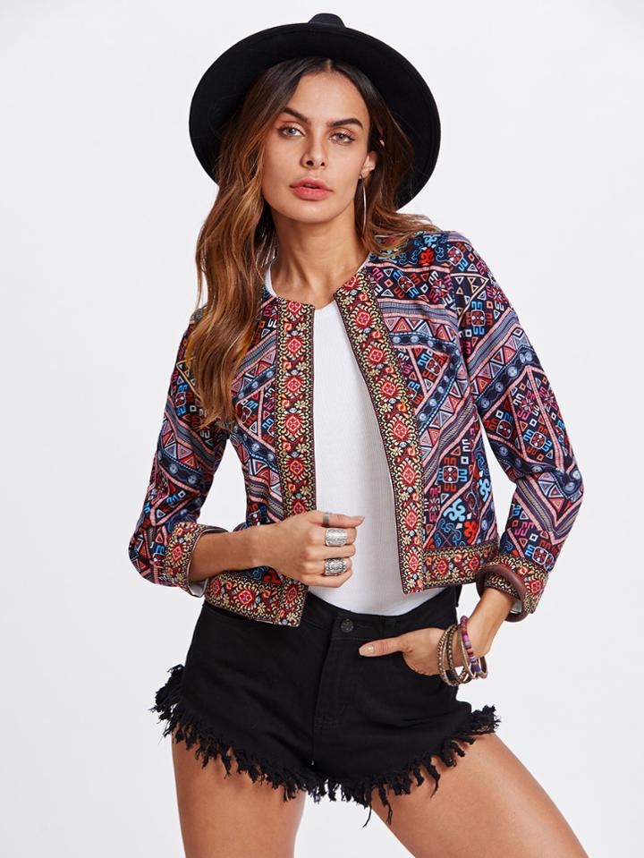 Shein Embroidered Tape Trim Tribal Print Jacket