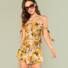 Shein Flower Print Shirred Bardot Top & Shorts Set