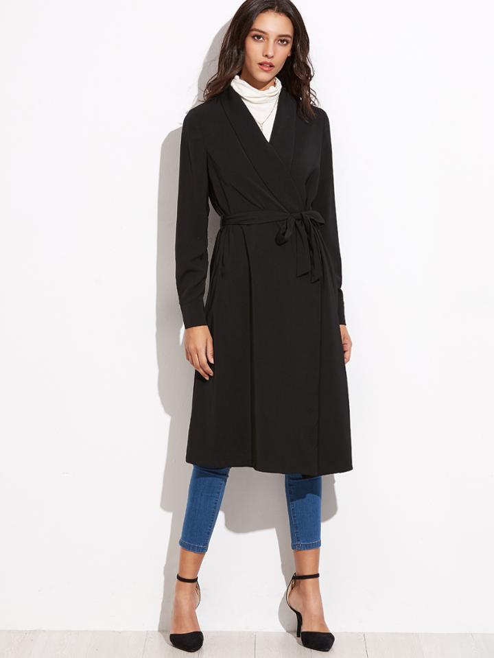 Shein Black Shawl Collar Wrap Duster Coat