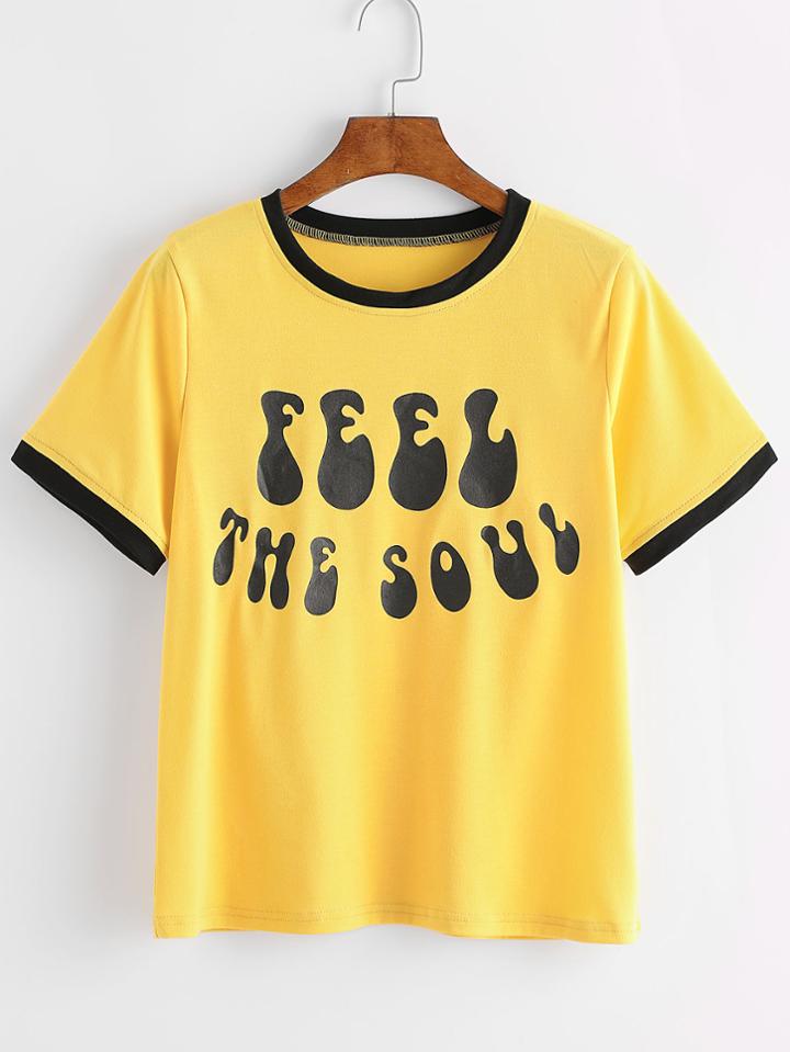 Shein Yellow Contrast Trim Letter Print T-shirt