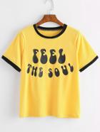 Shein Yellow Contrast Trim Letter Print T-shirt