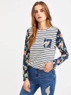 Shein Contrast Floral Sleeve And Pocket Front Stripe Top