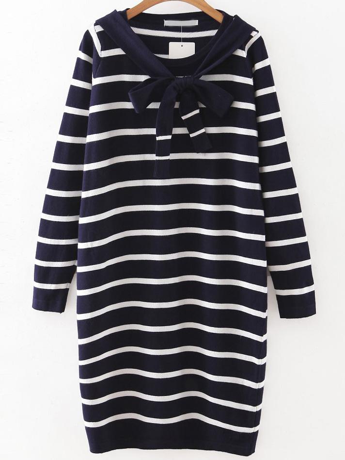 Shein Navy Striped Sweater Dress With Tie