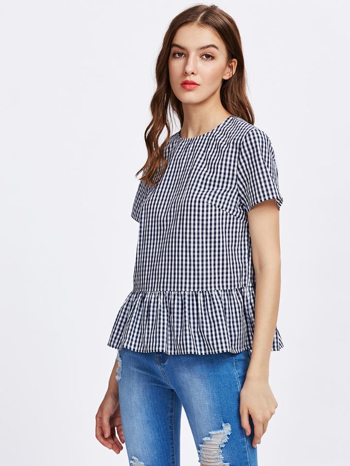 Shein Keyhole Back Gingham Ruffle Hem Top