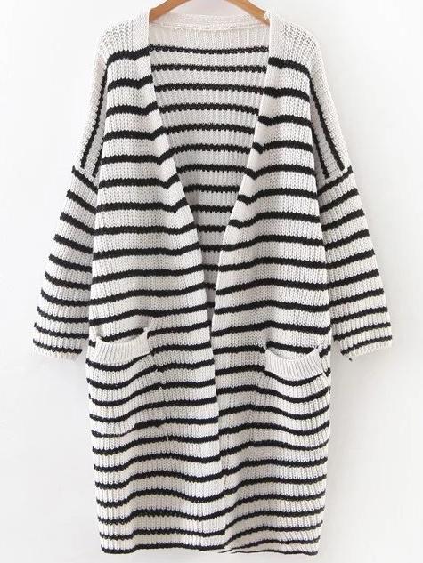 Shein White Striped Drop Shoulder Pocket Long Cardigan