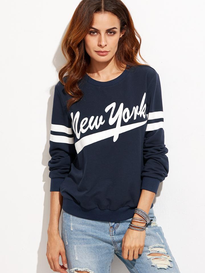 Shein Navy Letter Print Varsity Striped Sleeve Sweatshirt