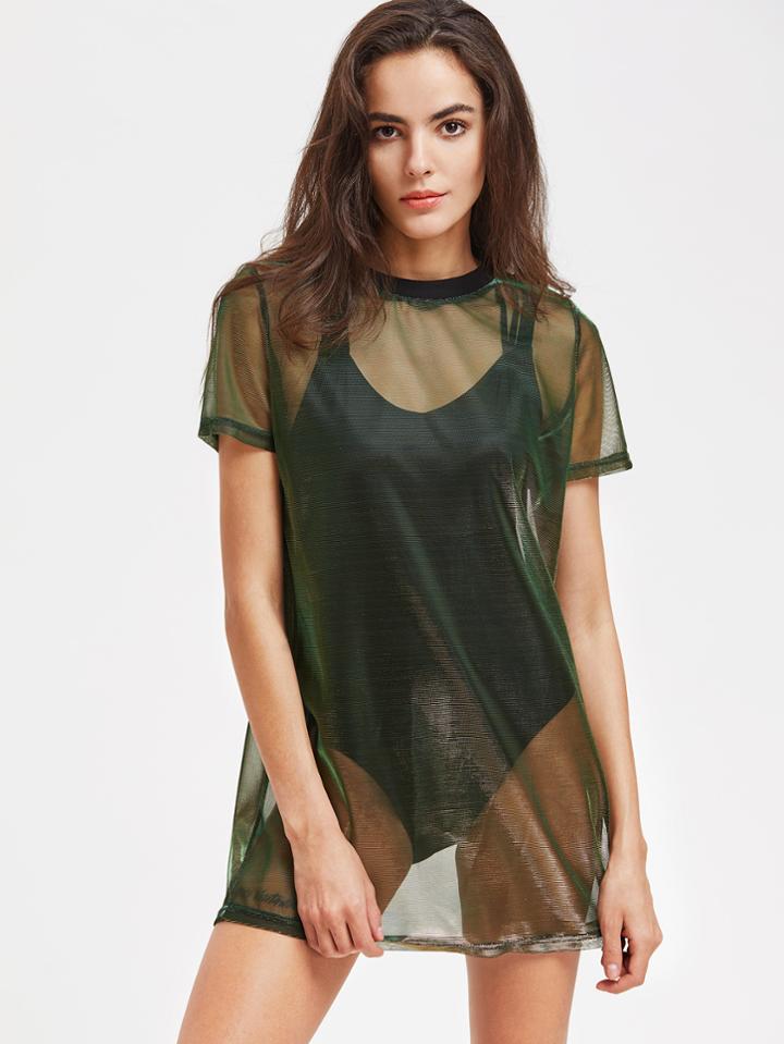 Shein Contrast Ribbed Neck Metallic Sheer Mesh Dress