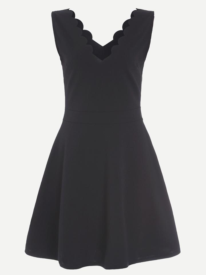 Shein Black Scalloped V Neck Sleeveless Flare Dress