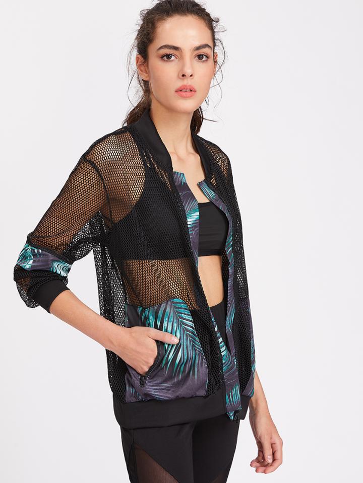 Shein Tropical Print Contrast Trim Fishnet Mesh Jacket