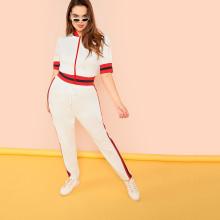 Shein Plus Striped Hem Zipper Up Top & Pants Set