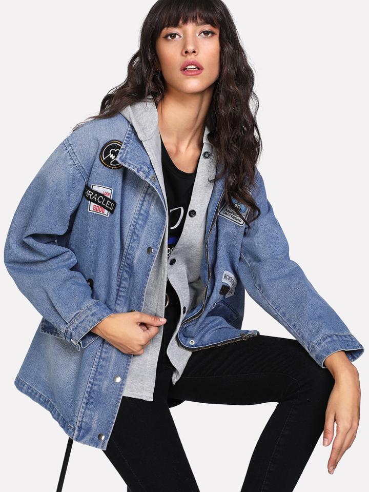 Shein Drop Shoulder Drawstring Denim Jacket With Hooded Vest
