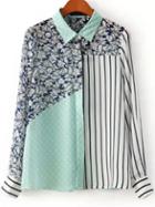 Shein Green Lapel Floral Polka Dot Striped Blouse