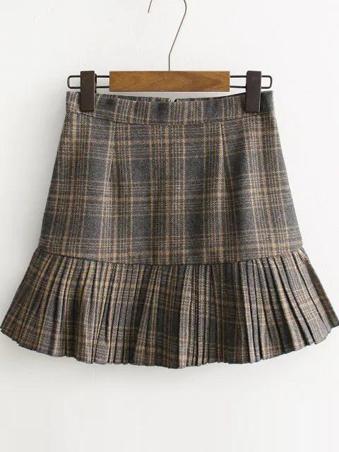 Shein Khaki Plaid Ruffle Hem Skirt