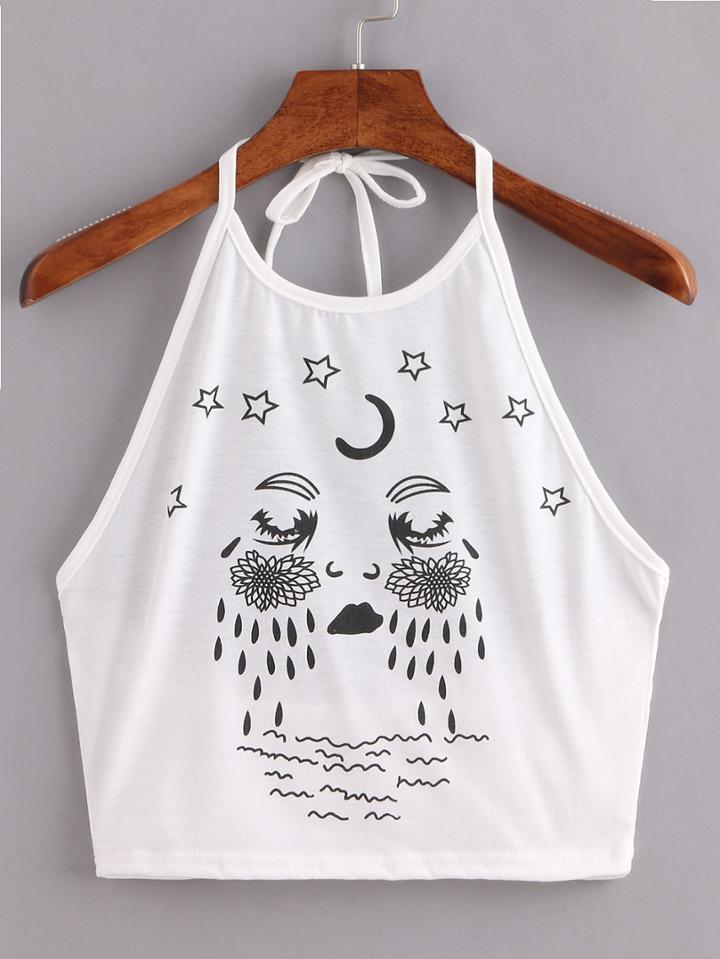 Shein Halter Neck Closed Eyes Print Top - White
