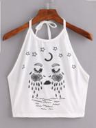 Shein Halter Neck Closed Eyes Print Top - White