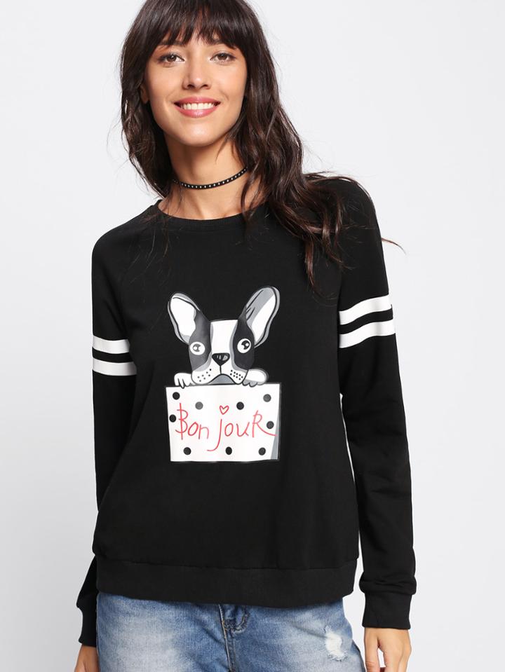 Shein Mixed Print Striped Sleeve Sweatshirt