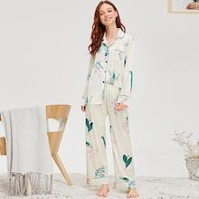 Shein Floral Print Velvet Shirt & Pants Pj Set