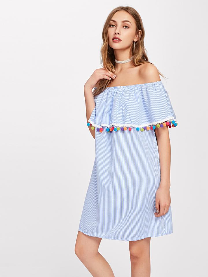 Shein Flounce Layered Neckline Stripe Pom Pom Trim Dress