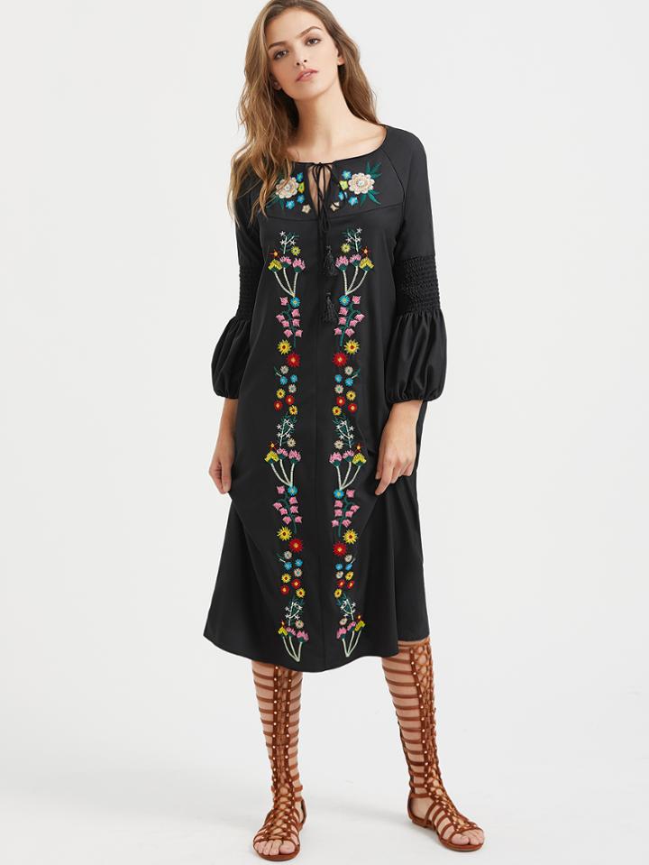 Shein Black Floral Embroidery Tie Neck Vintage Dress