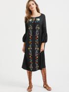Shein Black Floral Embroidery Tie Neck Vintage Dress