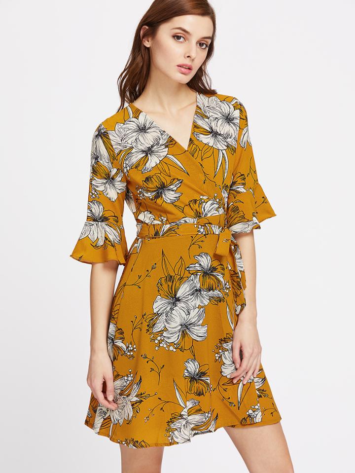 Shein Surplice Front Bell Sleeve Tie Waist Dress