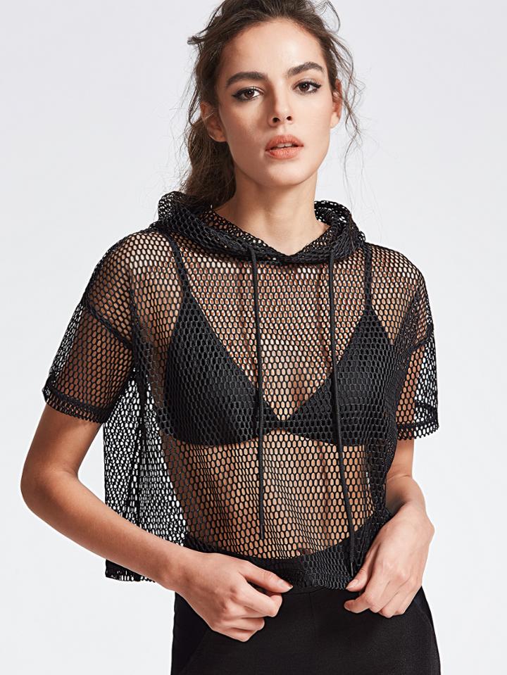 Shein Black Drop Shoulder Crop Fishnet Hooded T-shirt