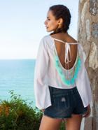 Shein White Tie Back Tassel Beads Long Sleeve Blouse