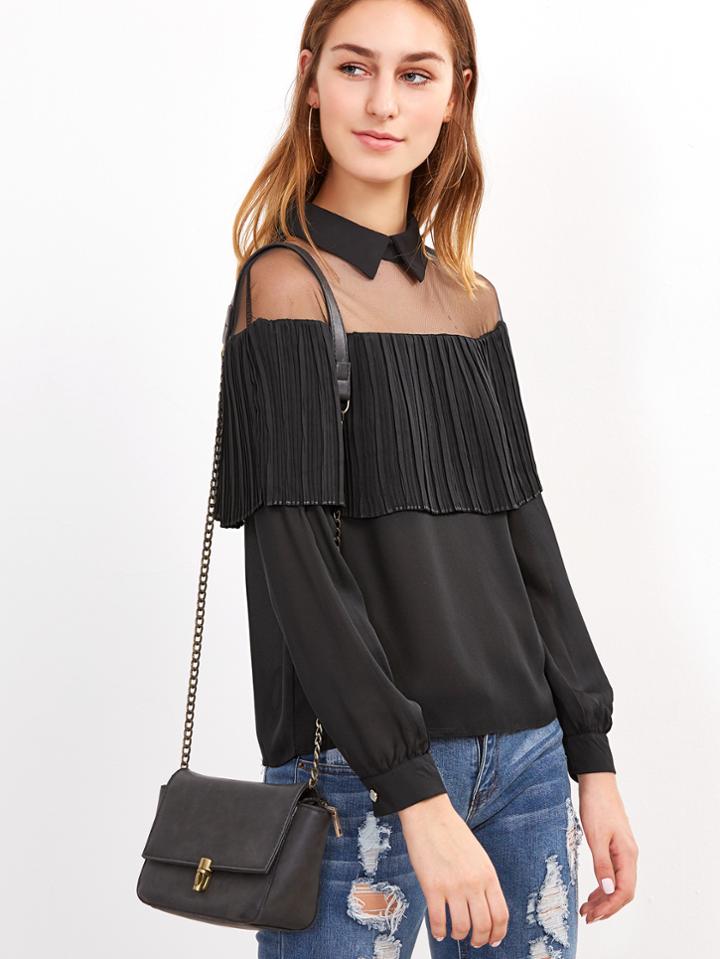 Shein Black Mesh Insert Ruffle Trim Blouse