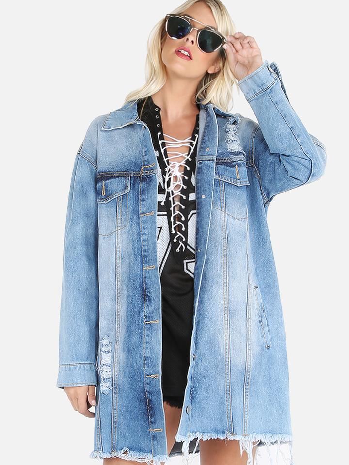 Shein Oversized Distressed Denim Jacket Denim