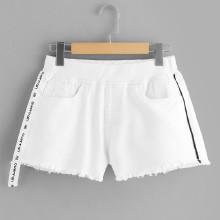 Shein Contrast Letter Tape Side Raw Hem Denim Shorts