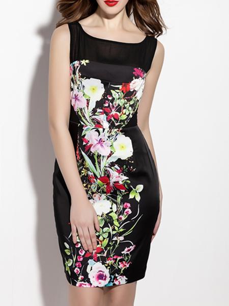 Shein Black Boat Neck Print Sheath Dress