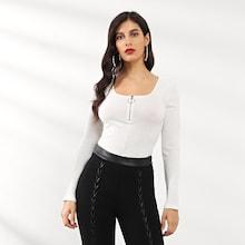 Shein Zip Scoop Neck Ribbed Fitted T-shirt