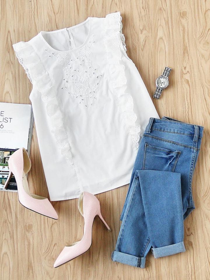 Shein Scallop Ruffle Trim Eyelet Embroidered Shell Top