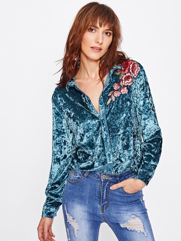 Shein Embroidered Flower Applique Crushed Velvet Blouse