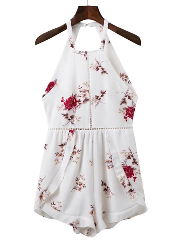 Shein Open Back Knot Detail Ruffle Trim Playsuit