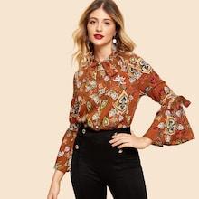 Shein Tie Neck And Sleeve Tribal Top