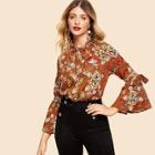 Shein Tie Neck And Sleeve Tribal Top