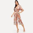 Shein Choker Neck Flutter Sleeve Floral Belted Jumpsuit