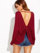 Shein Burgundy Drop Shoulder Twisted Drape Back T-shirt