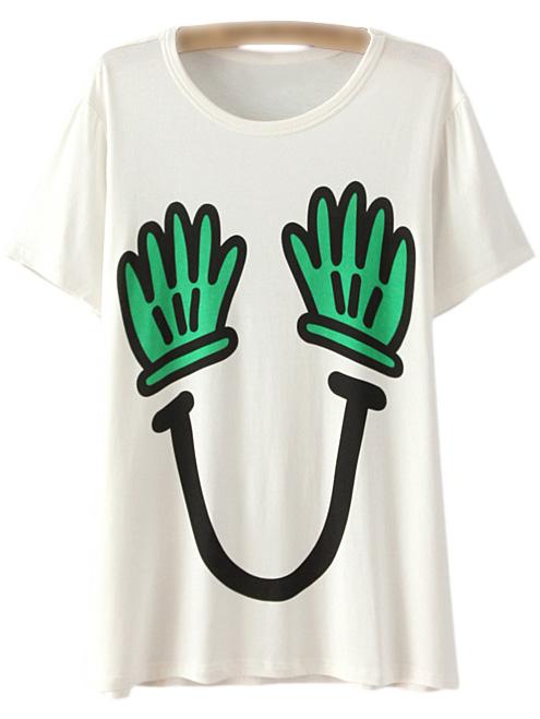 Shein Beige Short Sleeve Palms Smiling Face Print T-shirt