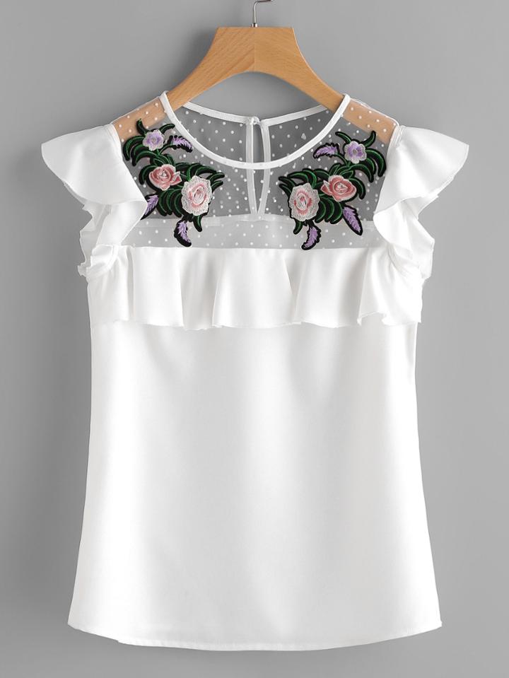 Shein Flower Patched Dot Mesh Yoke Frill Cap Sleeve Top