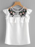 Shein Flower Patched Dot Mesh Yoke Frill Cap Sleeve Top